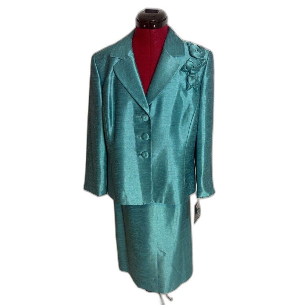 NWT Kasper Skirt Suit Sz 14P Turquoise 2-Piece Set Blazer & Skirt Floral Detail